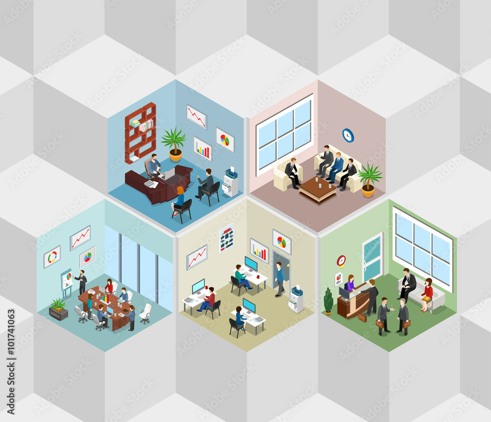 Office interior cells meeting reception flat isometric vector 3d