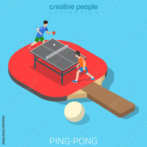 Ping-pong table tennis racket players flat isometric vector 3d