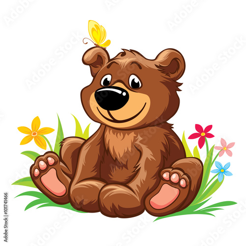 Vector illustration with lovely teddy bear sitting on grass, with yellow butterfly on his ear. Isolated on white background