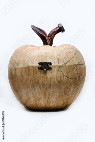 Old wooden box as apple shape, vintage decoration. photo