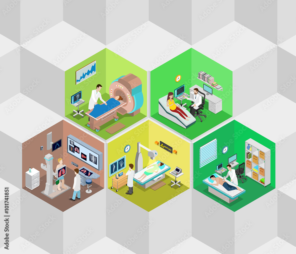 Hospital interior diagnostics clinic flat isometric vector 3d Hospital interior diagnostics clinic flat isometric vector 3d