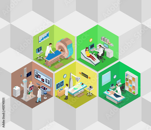 Hospital interior diagnostics clinic flat isometric vector 3d