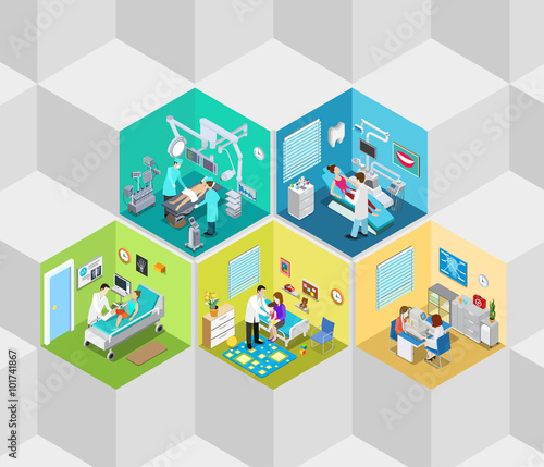 Hospital clinic interior operation ward flat isometric vector 3d