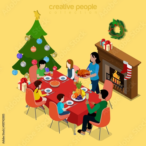 Christmas tree family dinner holidays flat isometric vector 3d