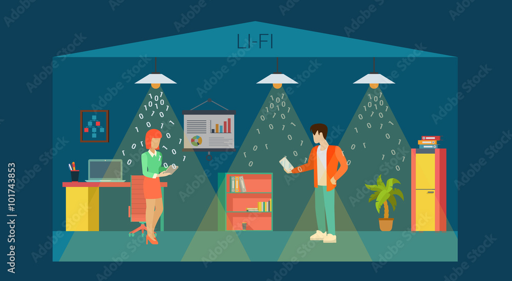 Li-Fi technology optical interior office room flat vector 3d - obrazy, fototapety, plakaty 