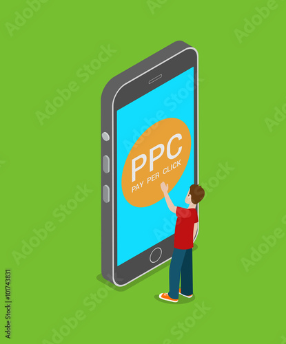 Mobile PPC pay per click smart phone flat 3d isometric vector