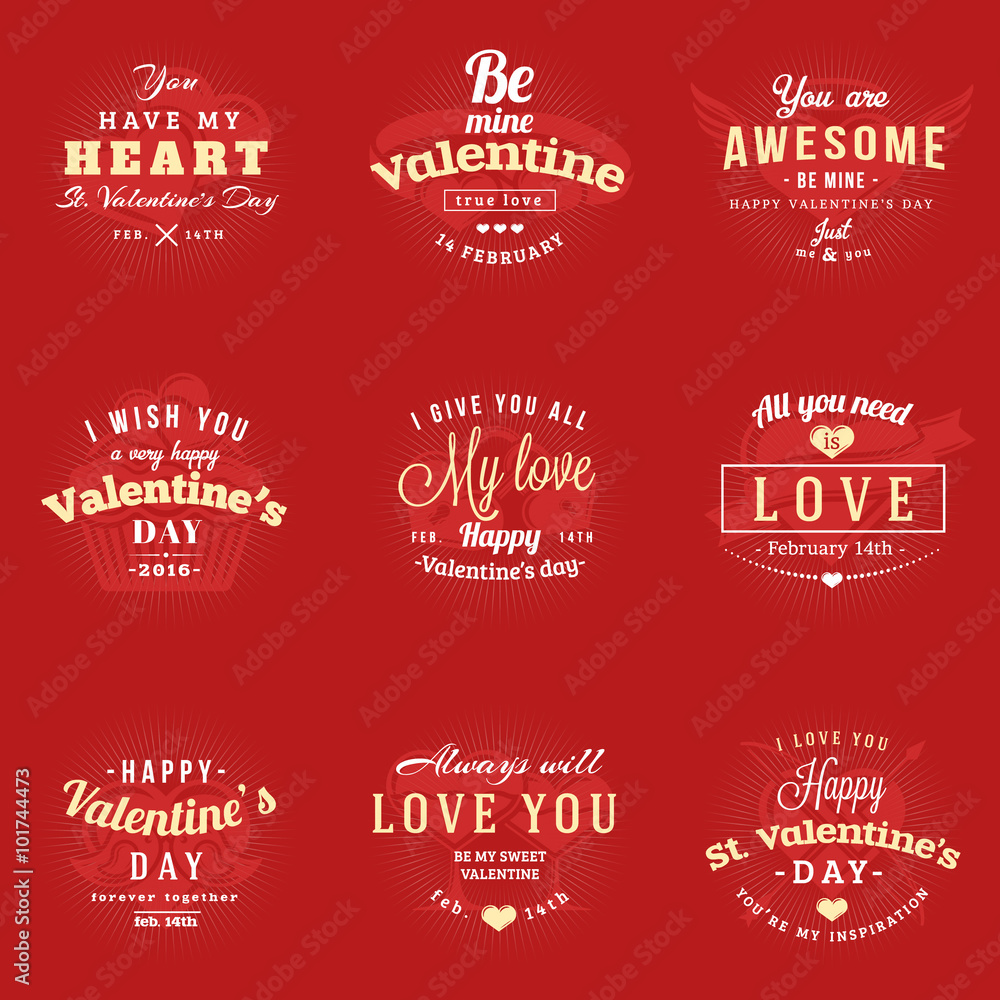 Set Of Happy Valentines Day Labels and Badges. Retro Typography Vector Design Templates. Valentines Day Greeting Cards Set Of Happy Valentines Day Labels and Badges. Retro Typography Vector Design Templates. Valentines Day Greeting Cards