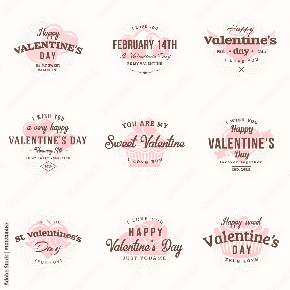 Set Of Happy Valentines Day Labels and Badges. Retro Typography Vector Design Templates. Valentines Day Greeting Cards