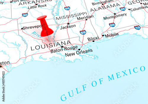 Quadro em tela Red Thumbtack Over Louisiana State USA Map