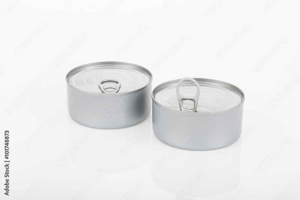 two cans of tuna on white background two cans of tuna on white background