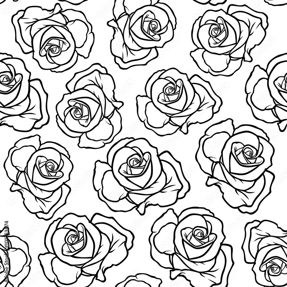 Contour roses flowers pattern seamless - obrazy, fototapety, plakaty 
