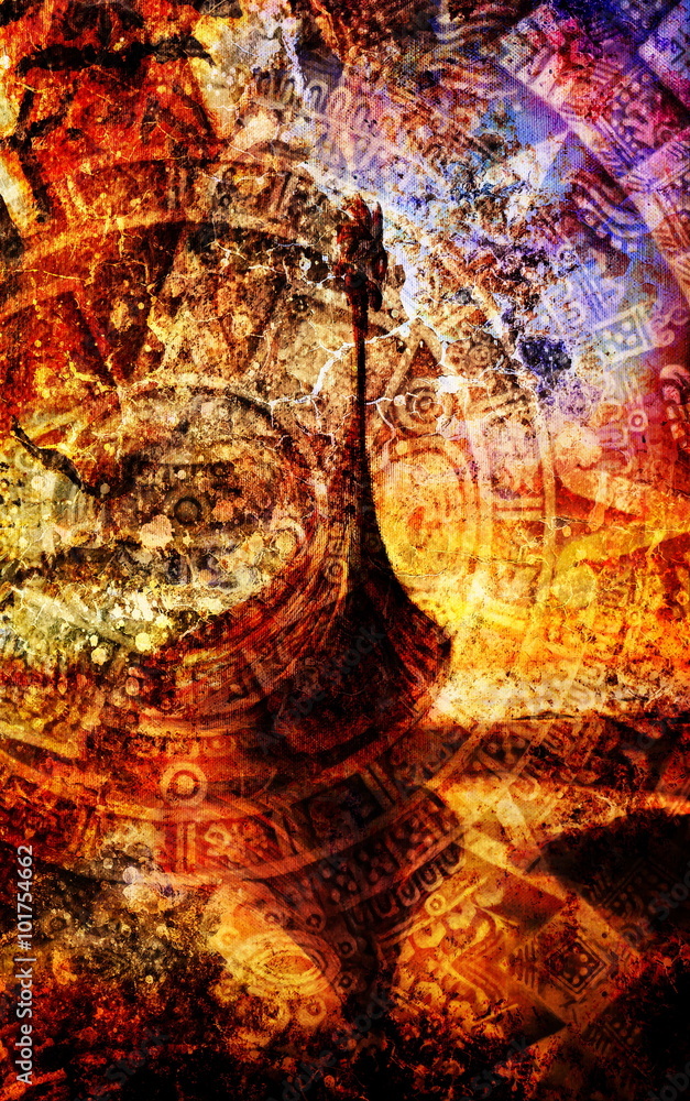 Boat on the beach with Ancient Mayan Calendar, abstract color Background, computer collage, .