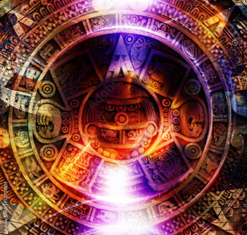 Ancient Mayan Calendar and light circle effect, abstract color Background, computer collage.