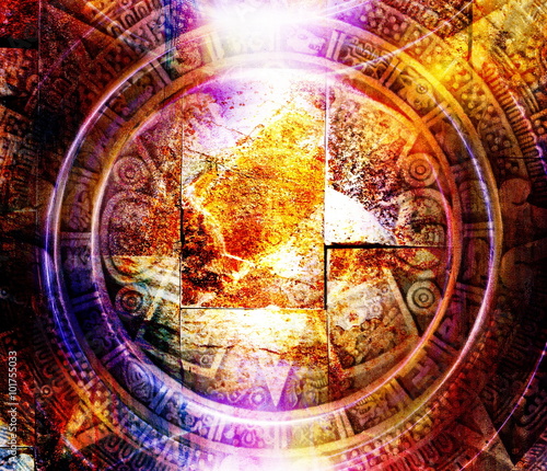 Ancient Mayan Calendar and light circle effect  abstract color Background  computer collage.