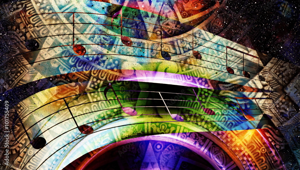 Ancient Mayan Calendar and  Music note, Cosmic space with stars, abstract color Background, computer collage. light circular in space.