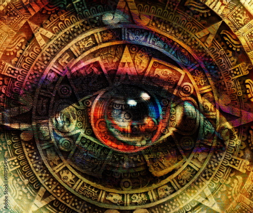 Ancient Mayan Calendar and woman eye,  abstract color Background, computer collage.