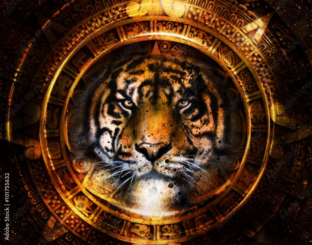 Ancient Mayan Calendar and Tiger head, abstract color Background, computer collage, Eye contact.