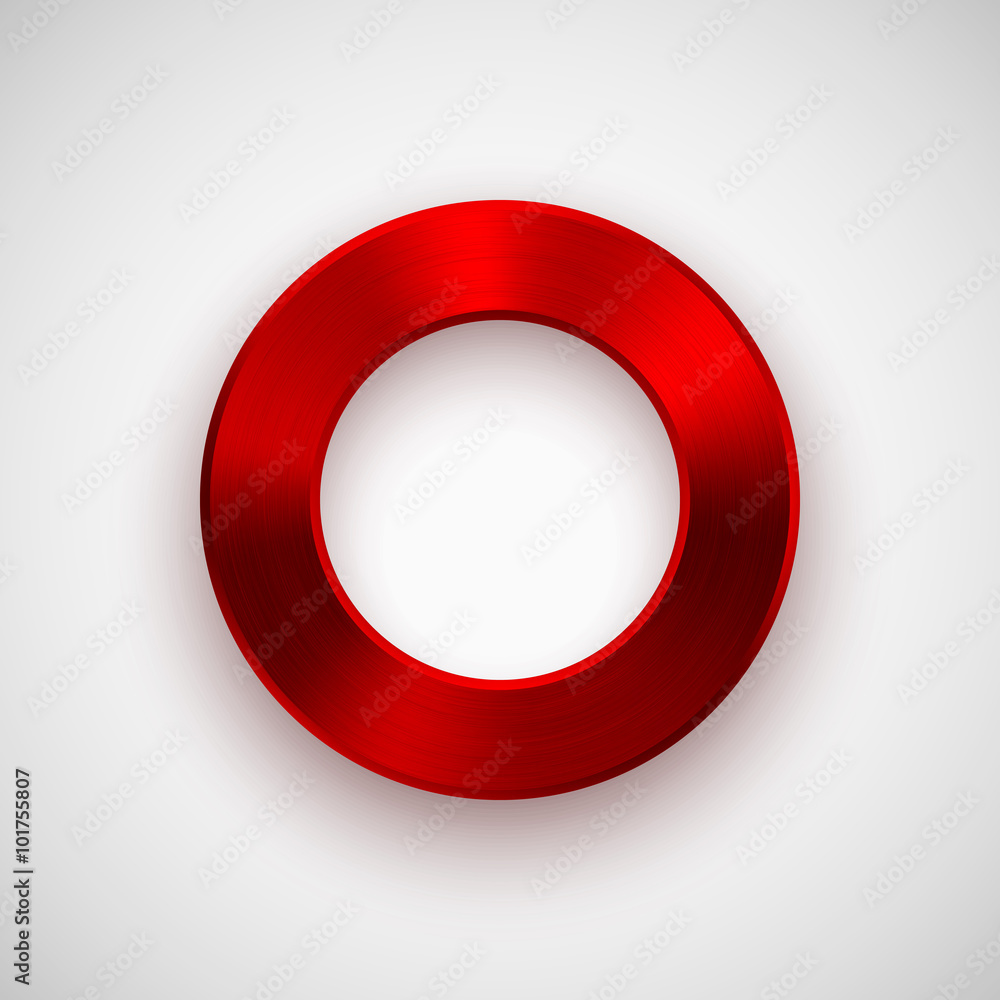 Red abstract technology donut, ring badge, blank button template with metal texture (chrome, silver, steel), realistic shadow and light background for interfaces, UI, applications and apps. Vector. Red abstract technology donut, ring badge, blank button template with metal texture (chrome, silver, steel), realistic shadow and light background for interfaces, UI, applications and apps. Vector.