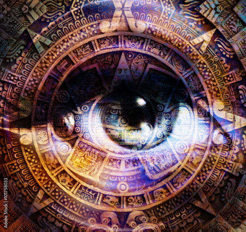 Ancient Mayan Calendar and woman eye,  abstract color Background, computer collage. Eye in circle light.