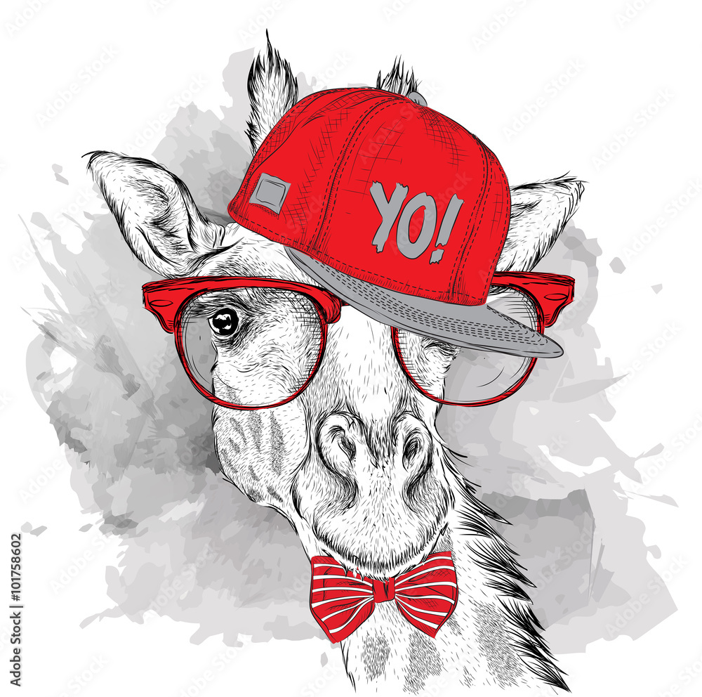 Obraz premium The poster with the image giraffe portrait in hip-hop hat. Vector illustration.