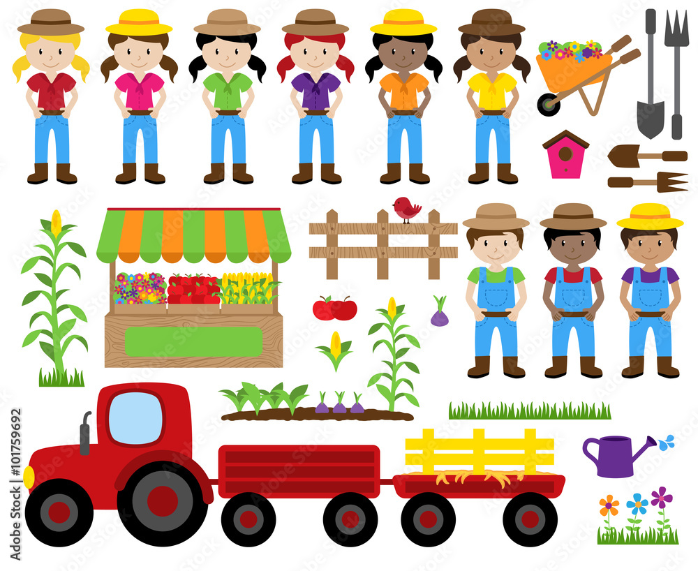 Obraz premium Cute Vector Collection of Farm Related Items and Farmers