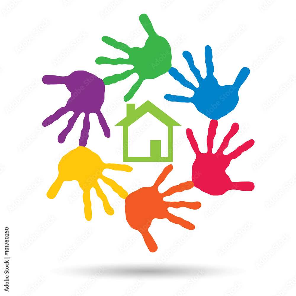Vector concept circle of hands, green house symbol Vector concept circle of hands, green house symbol