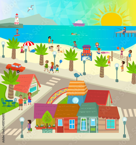 Beach Town - Aerial view of a town with shops, beach, ocean and people doing activities. Eps10