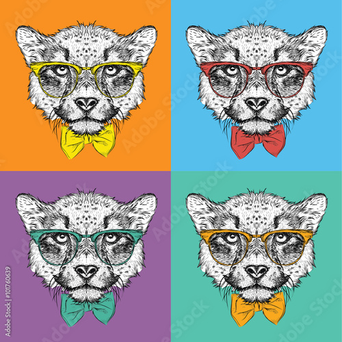 Image Portrait cheetah in the cravat and with glasses. Pop art style vector illustration.