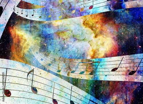 music note and abstrtact color background. spots background. photo