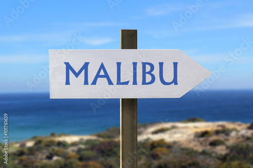 Malibu sign with seashore in the background