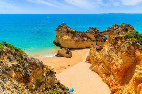 A view of cliff rocks on Alvor beach, Algarve region, Portugal