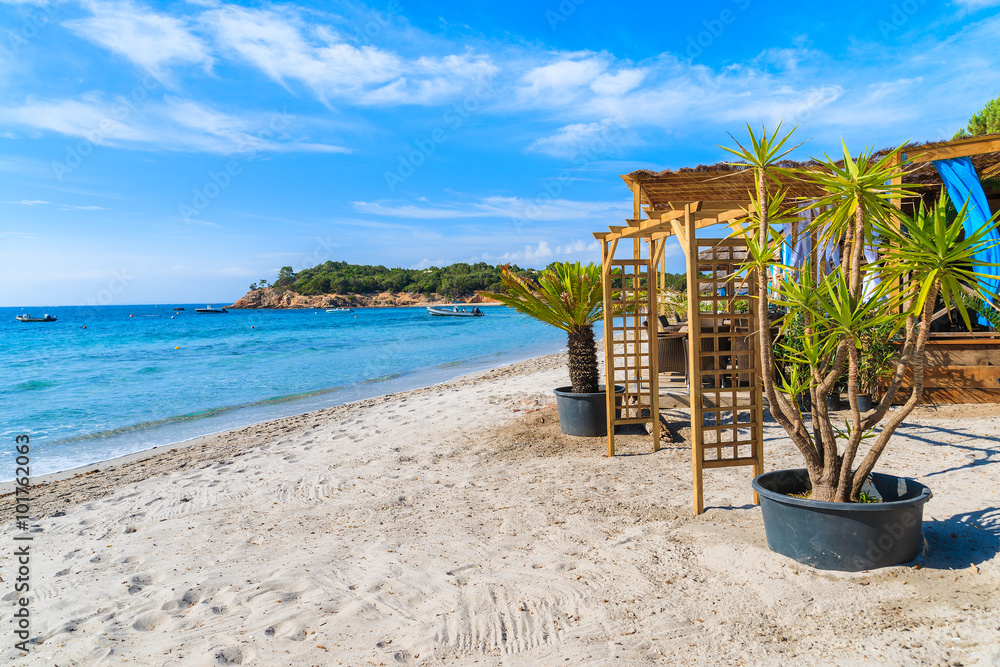 A view of Palombaggia beach on sunny summer day, Corsica island, France A view of Palombaggia beach on sunny summer day, Corsica island, France