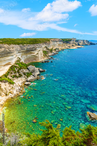 White rock cliffs with beautiful sea bay near Bonifacio town, Corsica island, France