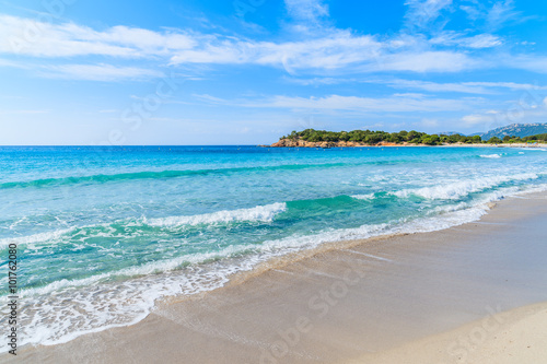 Sea waves on beautiful Palombaggia beach, Corsica island, France
