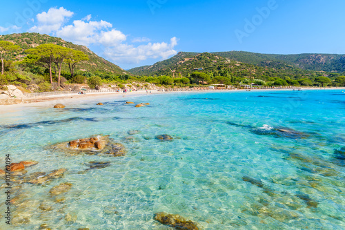 Azure crystal clear sea water of Palombaggia beach on Corsica island, France