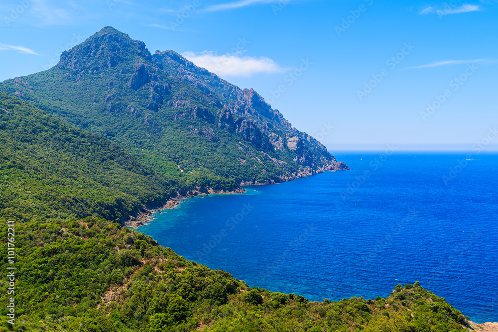 A view of sea bay with green mountain landscape on Corsica island, France