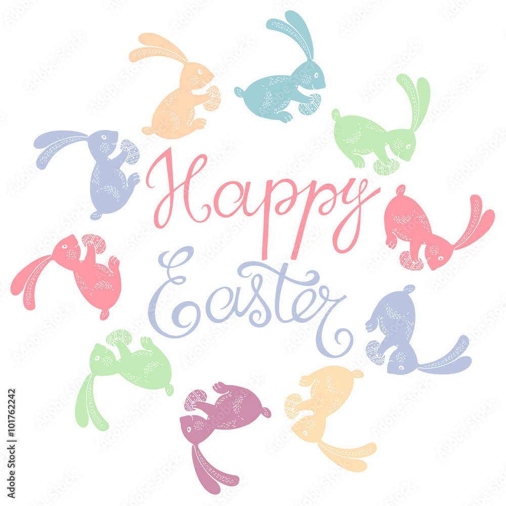 Happy easter card. Hand-drawn vector illustration with cute multicolored Easter bunnies.
