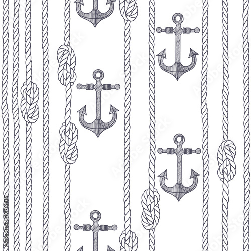 Fotografija Seamless pattern with marine rope, knots and anchors on a white background