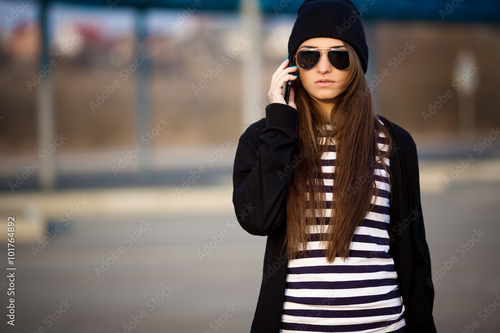 Outdoor fashion closeup portrait of nice pretty young hipster wo Outdoor fashion closeup portrait of nice pretty young hipster wo