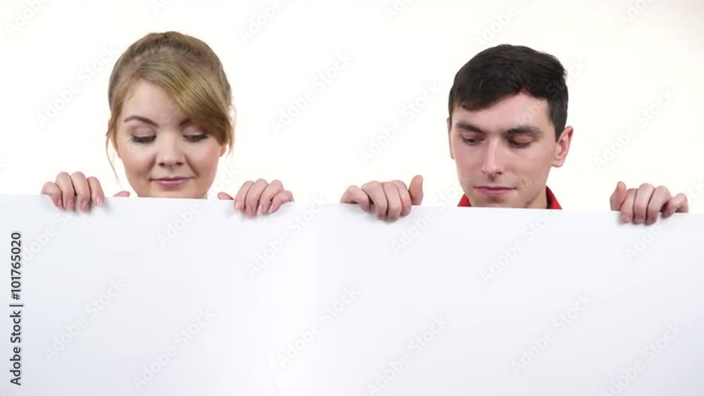 Couple with blank presentation board banner sign 4K Couple with blank presentation board banner sign 4K