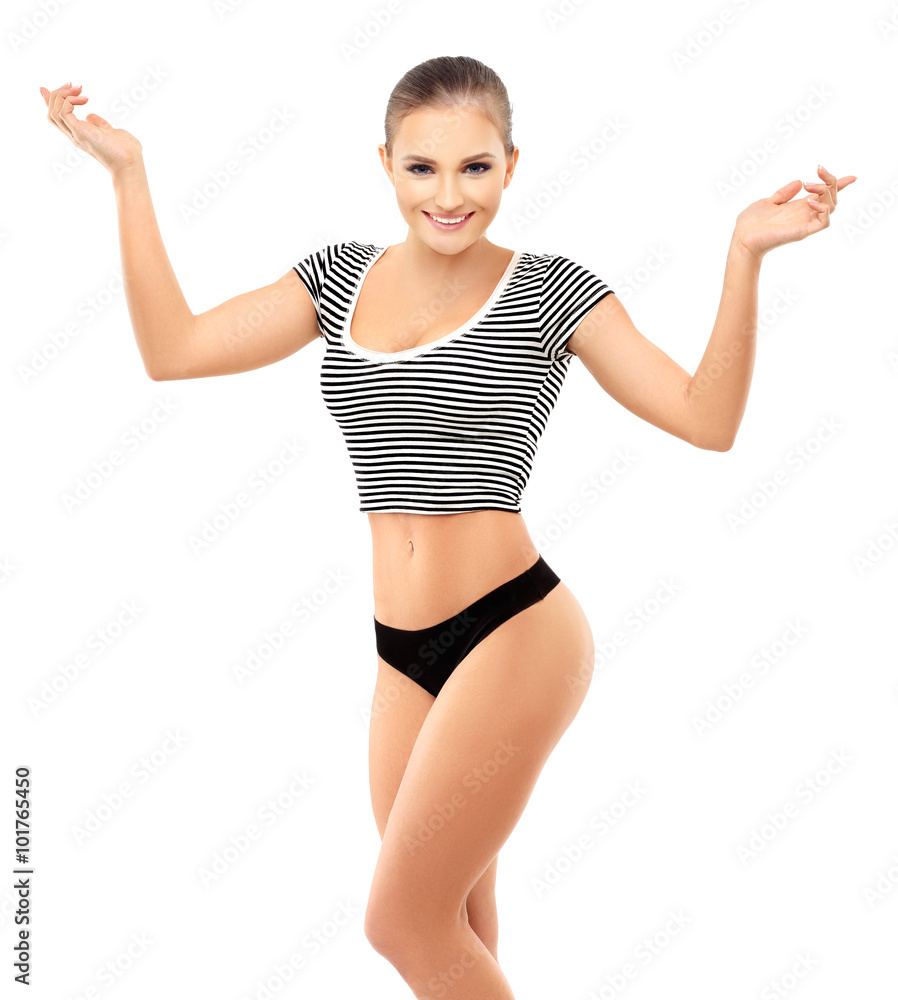 Beautiful girl in underwear showing empty copy space on the open hand palm. Beautiful girl in underwear showing empty copy space on the open hand palm.