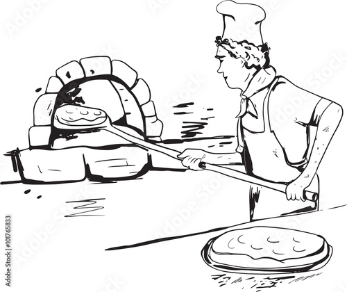 Pizza maker throws pizza in stone oven with fire, vector icon illustration. Black and white pizza maker logo. Pizzeria vector illustration. Young pizzaiolo chef.
