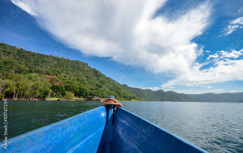 Landscape of the volcanic caldera Lake Coatepeque in Salvador seen from the boat