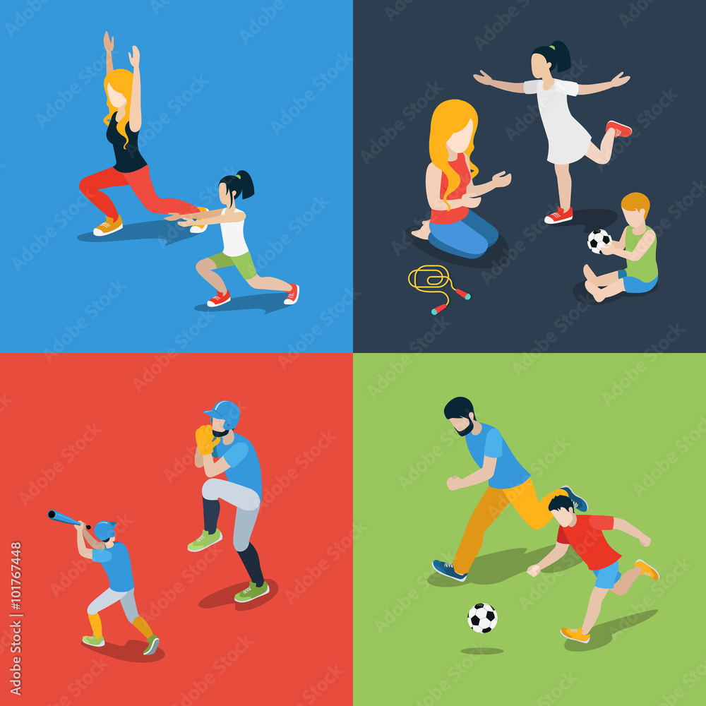 Fototapeta premium Sports play parenting family flat 3d isometric vector