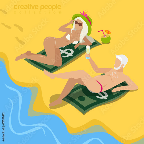 Fat cat concubine beach money flat 3d vector isometric