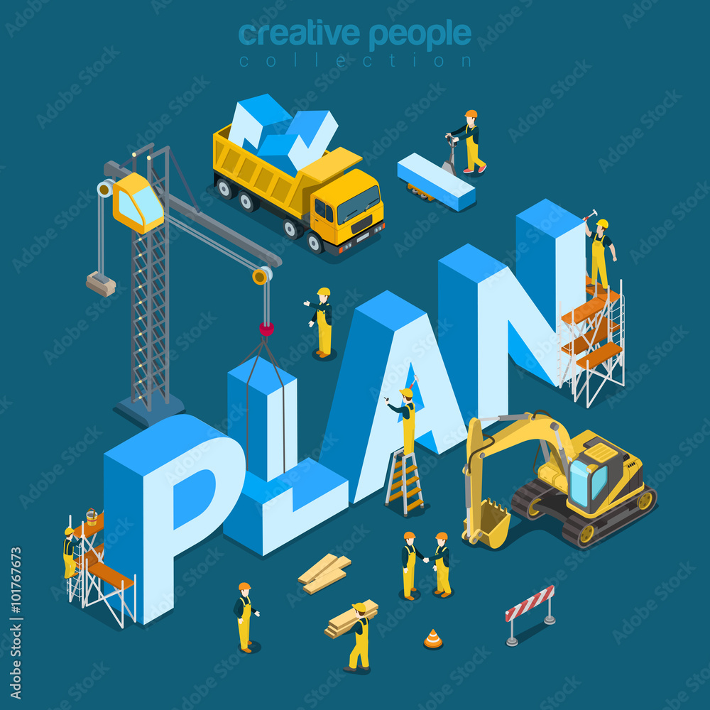 Fototapeta premium Plan creation construction building word flat 3d isometric vector