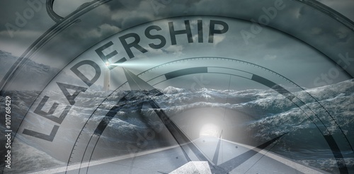 Composite image of compass pointing to leadership photo