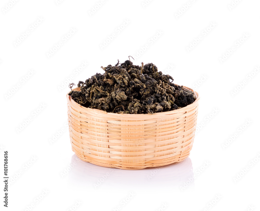 Heap of dried green tea on white background Heap of dried green tea on white background