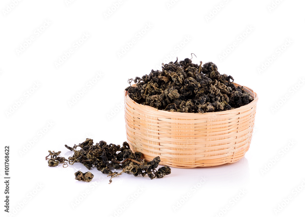 Heap of dried green tea on white background Heap of dried green tea on white background