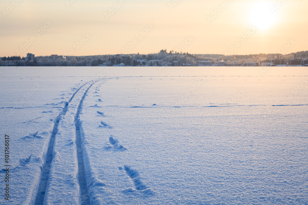 Ski tracks snow lake